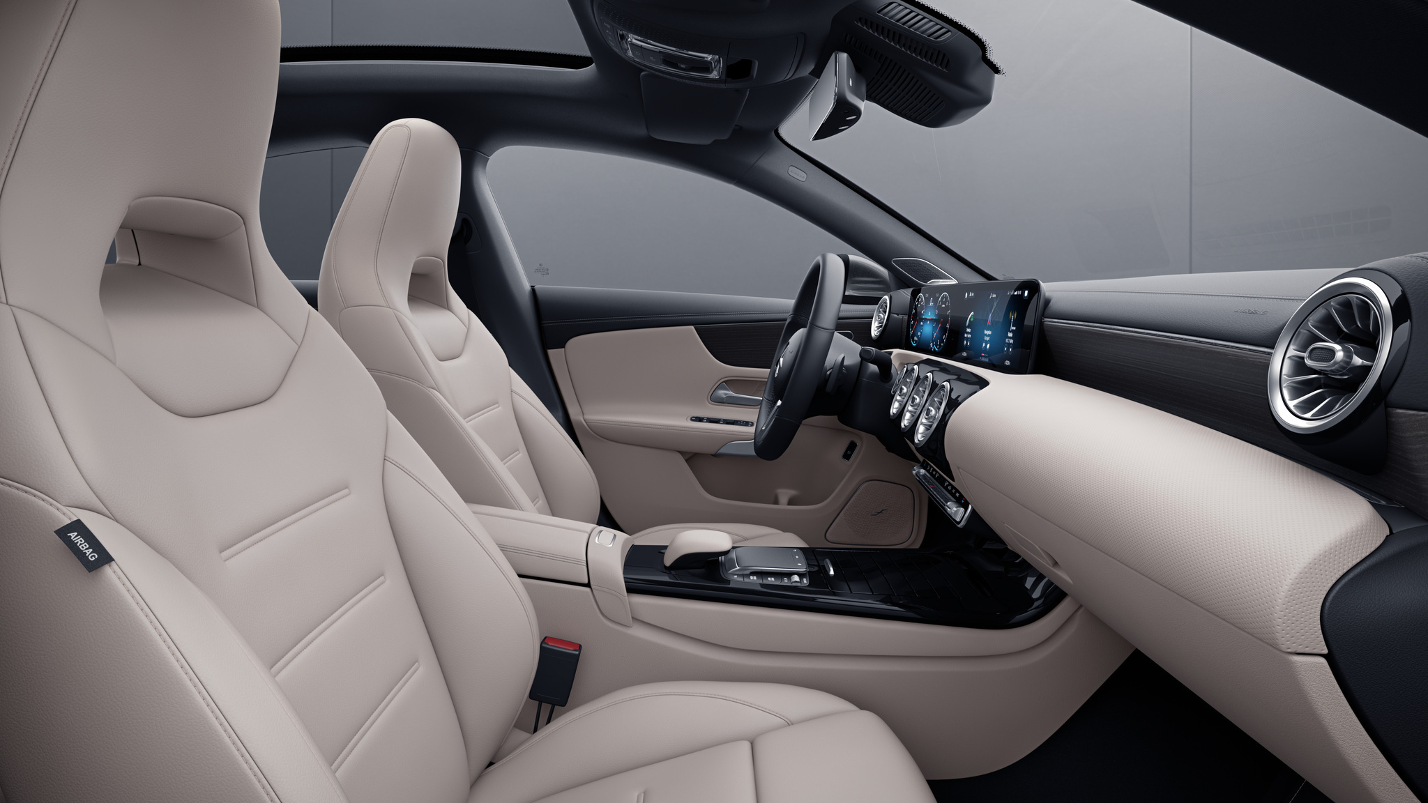 Habitacle de la Mercedes CLA avec une sellerie SIMILICUIR ARTICO siège sport - beige macchiato noir 