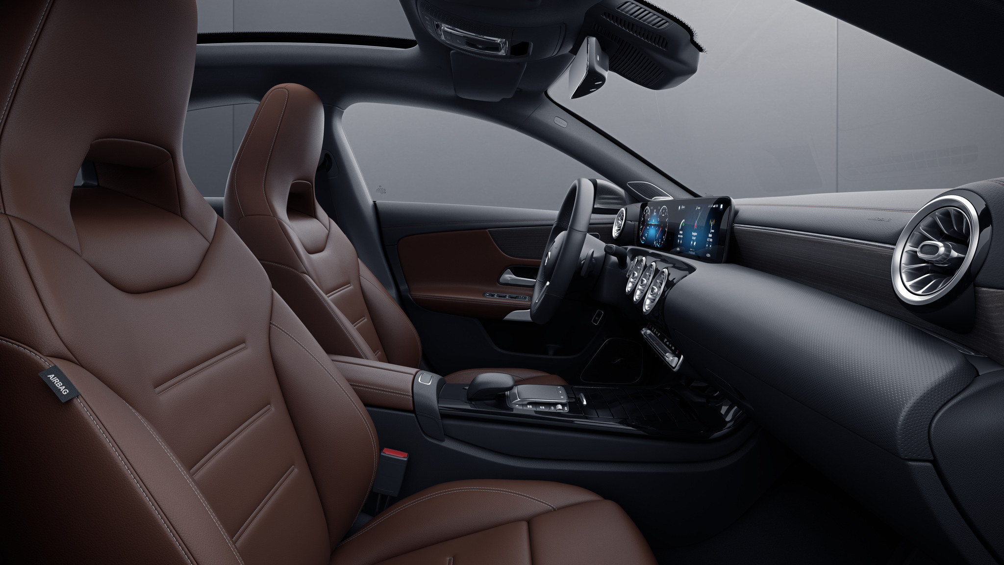 Habitacle de la Mercedes CLA avec une sellerie Cuir - marron bahia  noir 