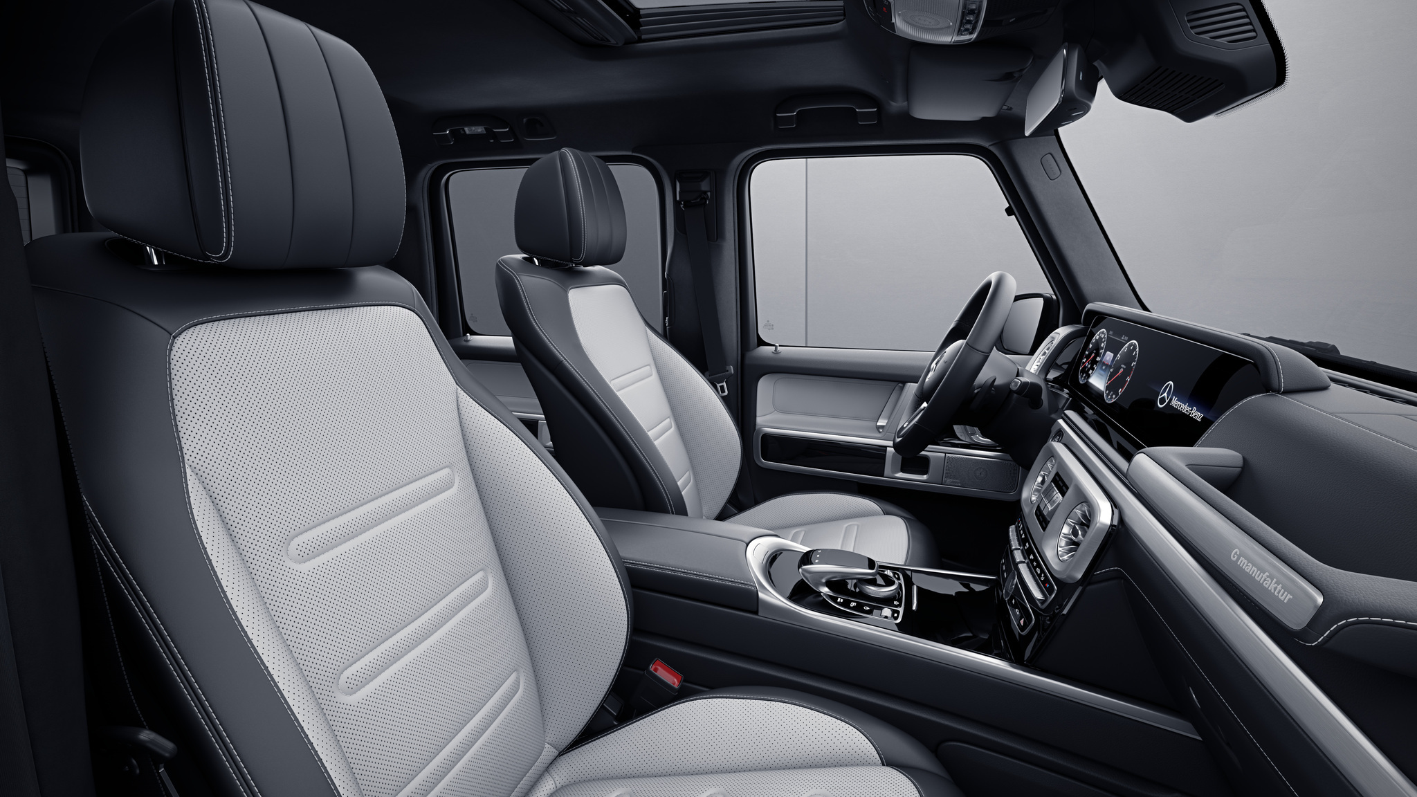 Habitacle de la Mercedes Classe G, Cuir Nappa bicolore G manufaktur - Blanc platine noir 