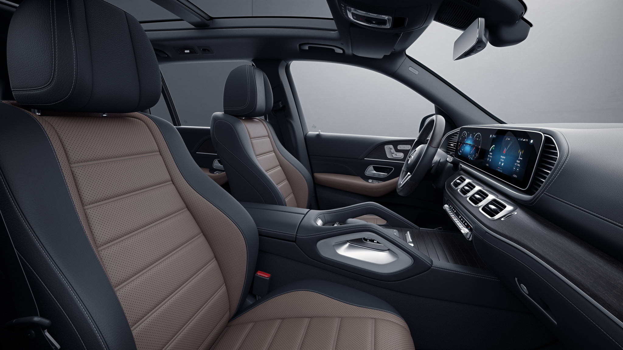 Habitacle de la Mercedes GLS avec une Sellerie cuir Rough cuir bicolore - marron tartuffe noir