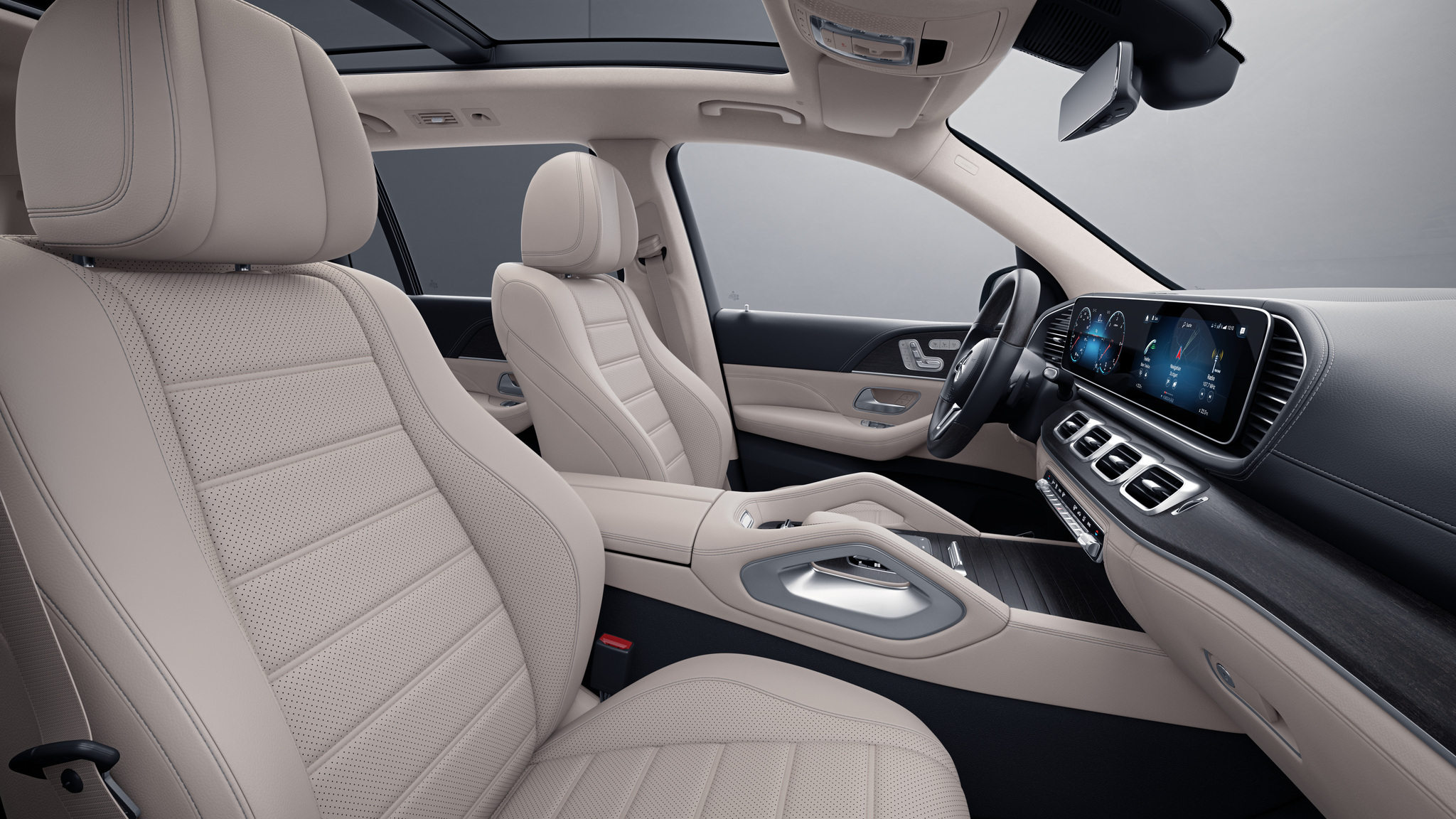 Habitacle de la Mercedes GLS avec une Sellerie cuir beige macchiato noir