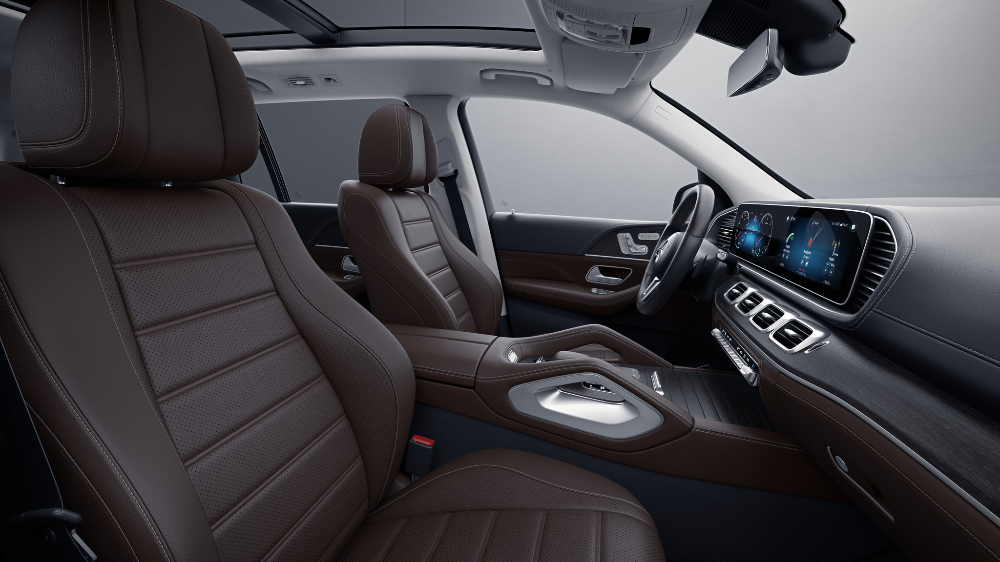 Habitacle de la Mercedes GLS avec une Sellerie cuir Rough cuir - marron expresso noir