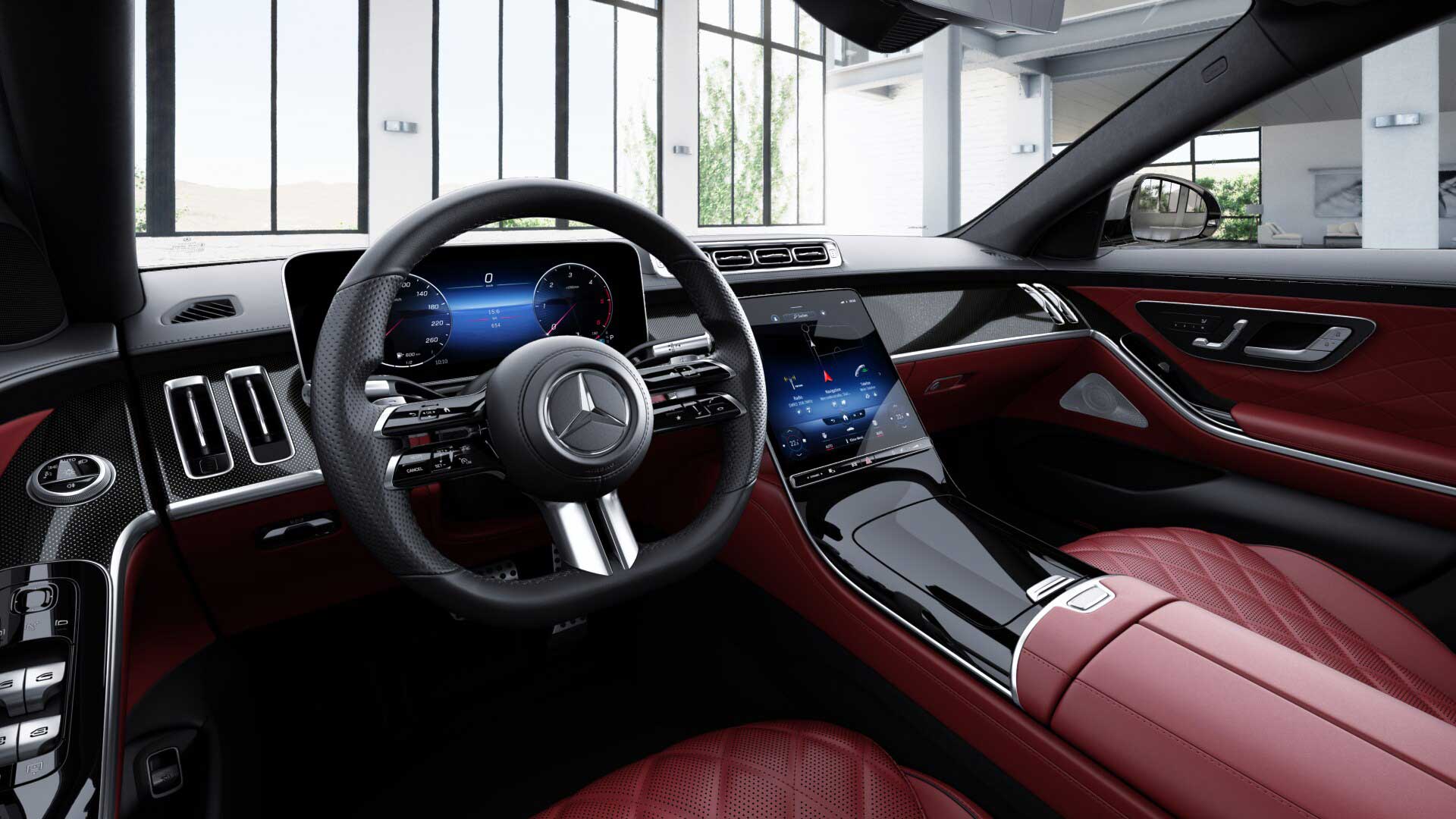 Poste de conduite de la Mercedes Classe S Limousine AMG Line avec vue sur l’écran tactile, sellerie et la console centrale 
