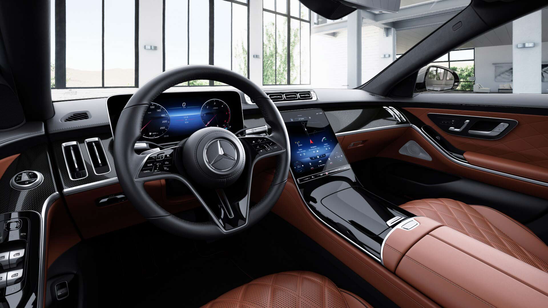 Poste de conduite de la Mercedes-Benz Classe S Limousine Luxury avec vue sur l’écran tactile et la console centrale (et sellerie)