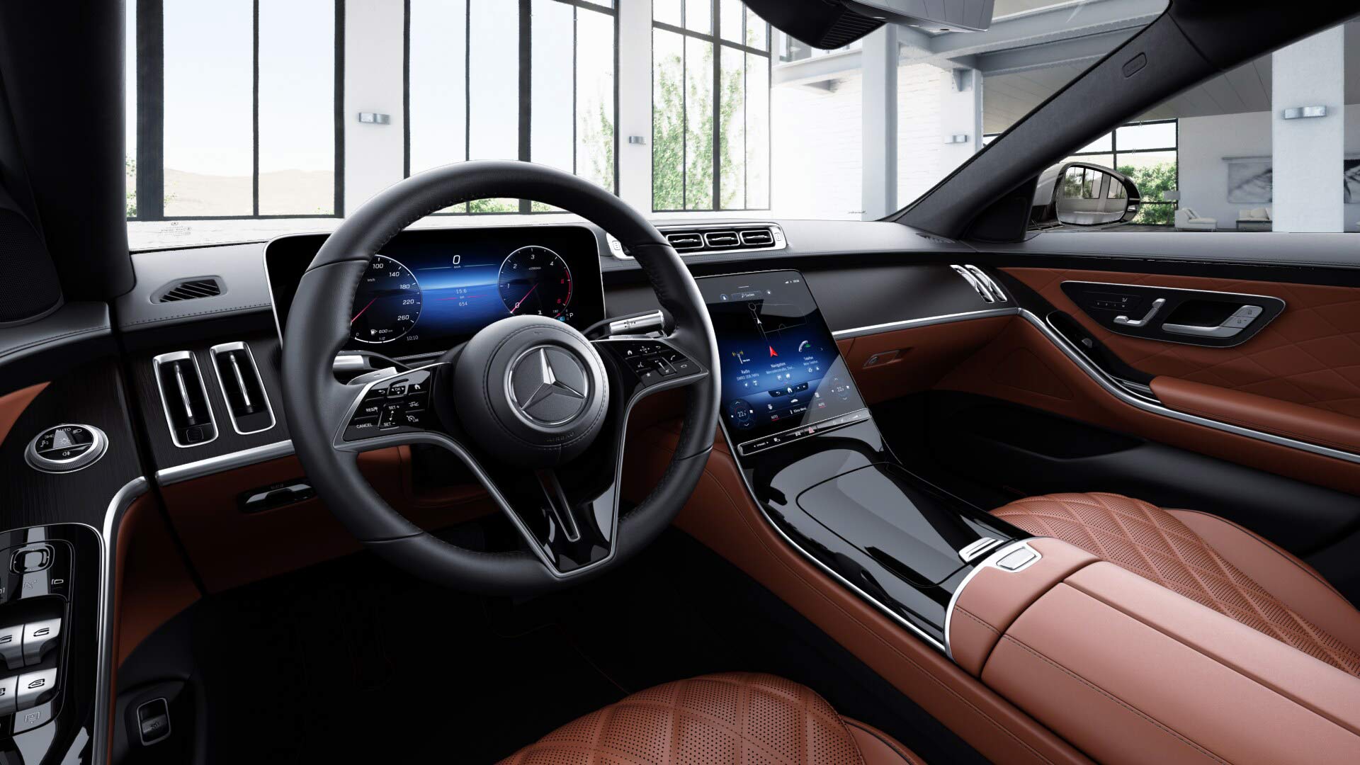 Poste de conduite de la Mercedes Classe S Limousine Business Plus avec vue sur l’écran tactile,  sellerie et la console centrale