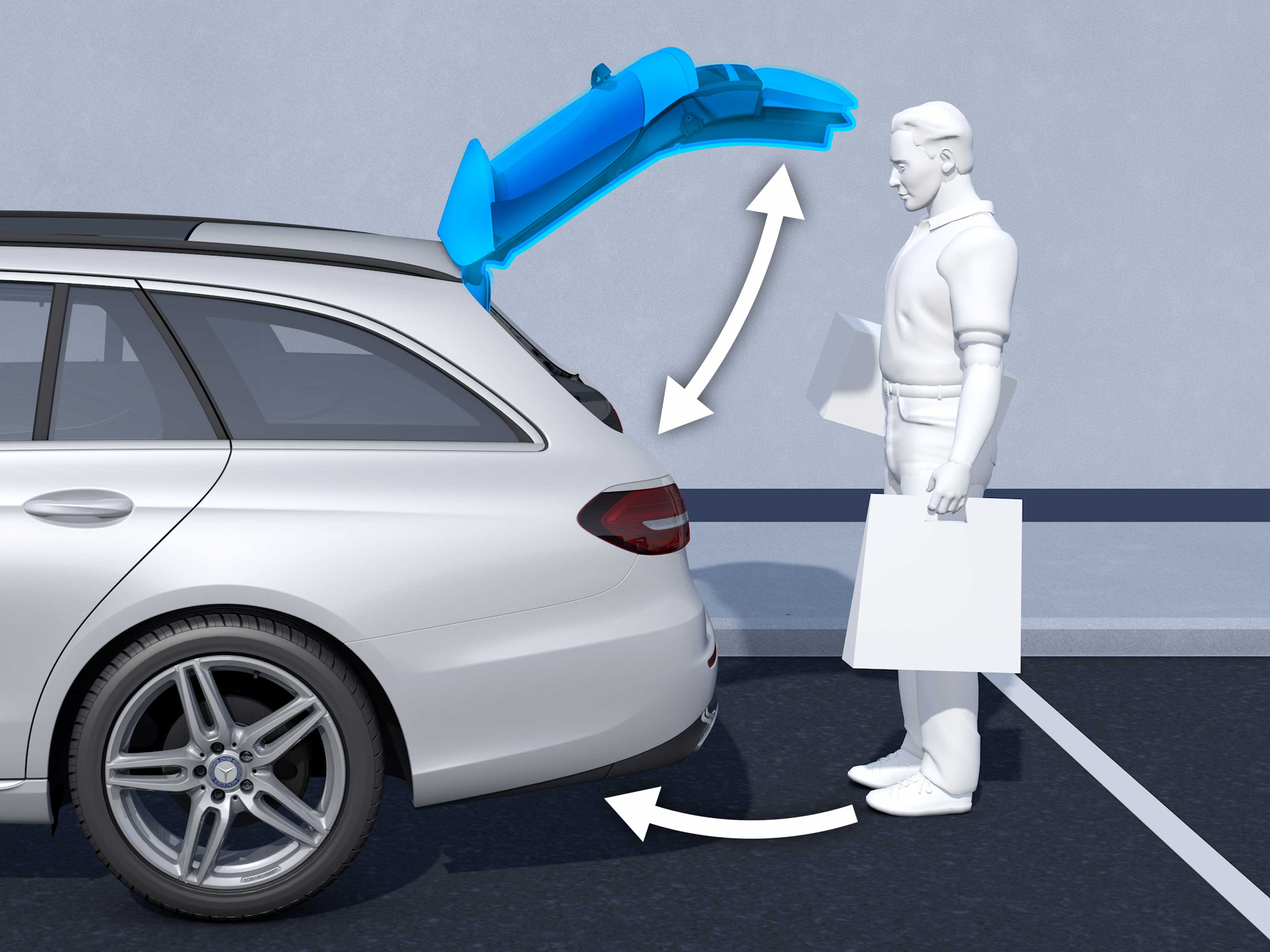 Ouverture automatique du coffre de la Mercedes Classe E Coupé - Finition AMG Line grâce aux détecteurs de mouvements de pieds en bas