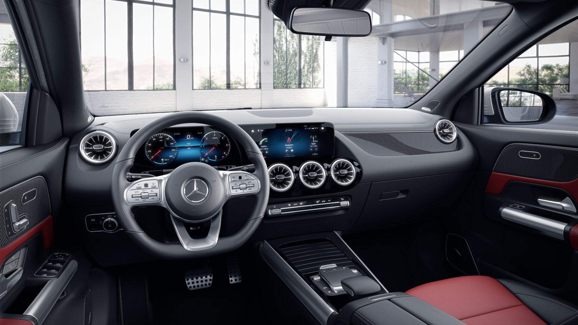 Intérieur de la Mercedes GLA Finition AMG Line plus - Couleurs rouge et noir