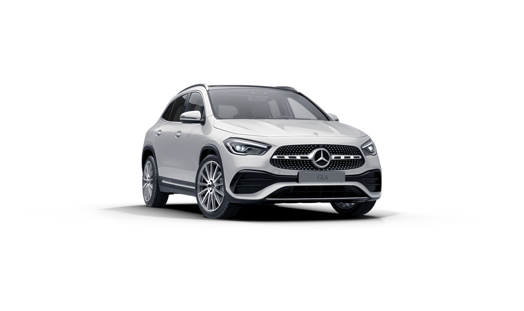 Mercedes Benz GLA blanche Finition AMG Line Plus : Vue de trois quarts de profil à l'arrêt